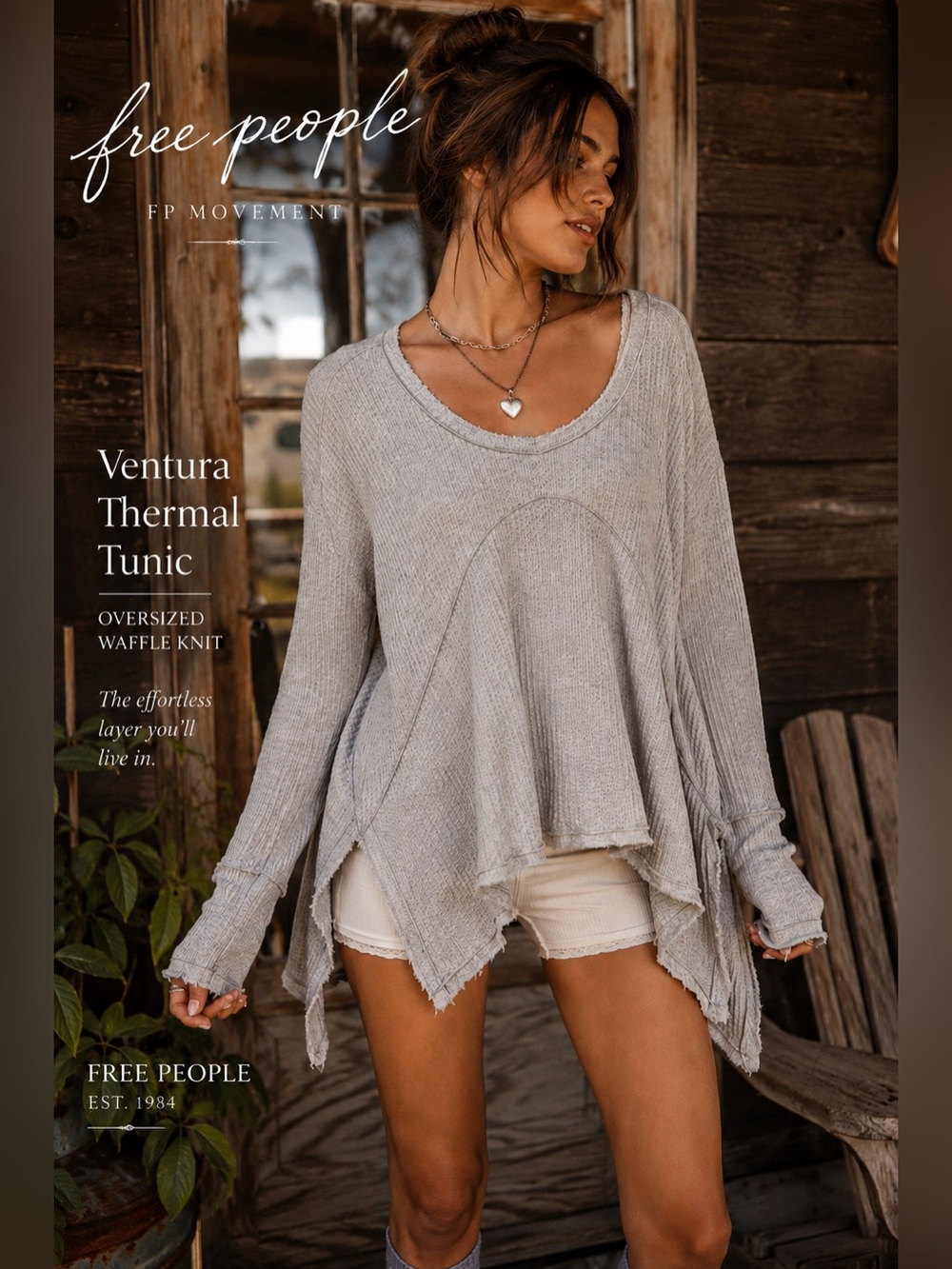 Free People Ventura Thermal Boho Tunic M Top Light Gray Oversized Waffle Knit R